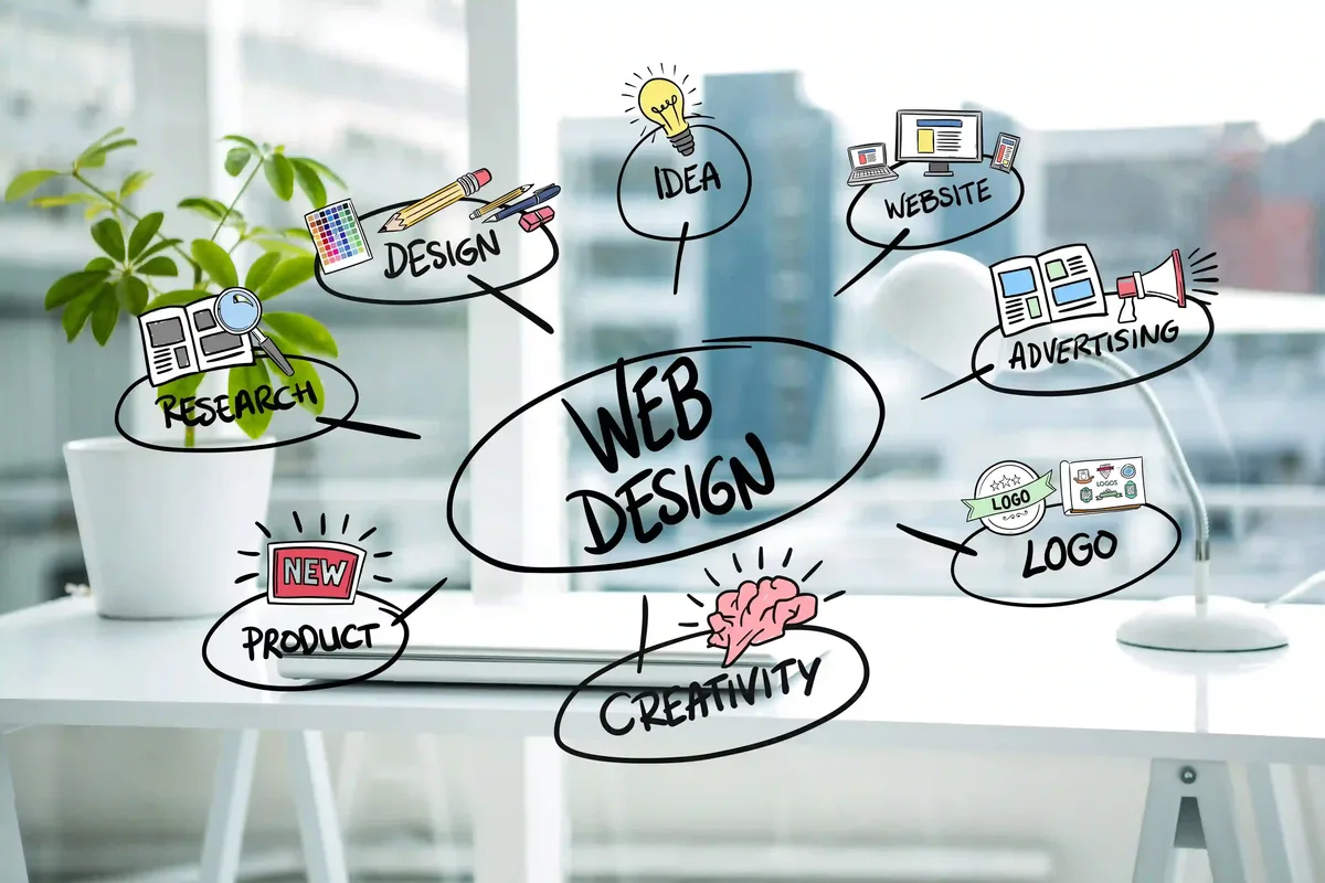 Web design diagram with keywords: Research, Design, Idea, Website, Advertising, Product, Creativity, Logo. Office setting, potted plant.