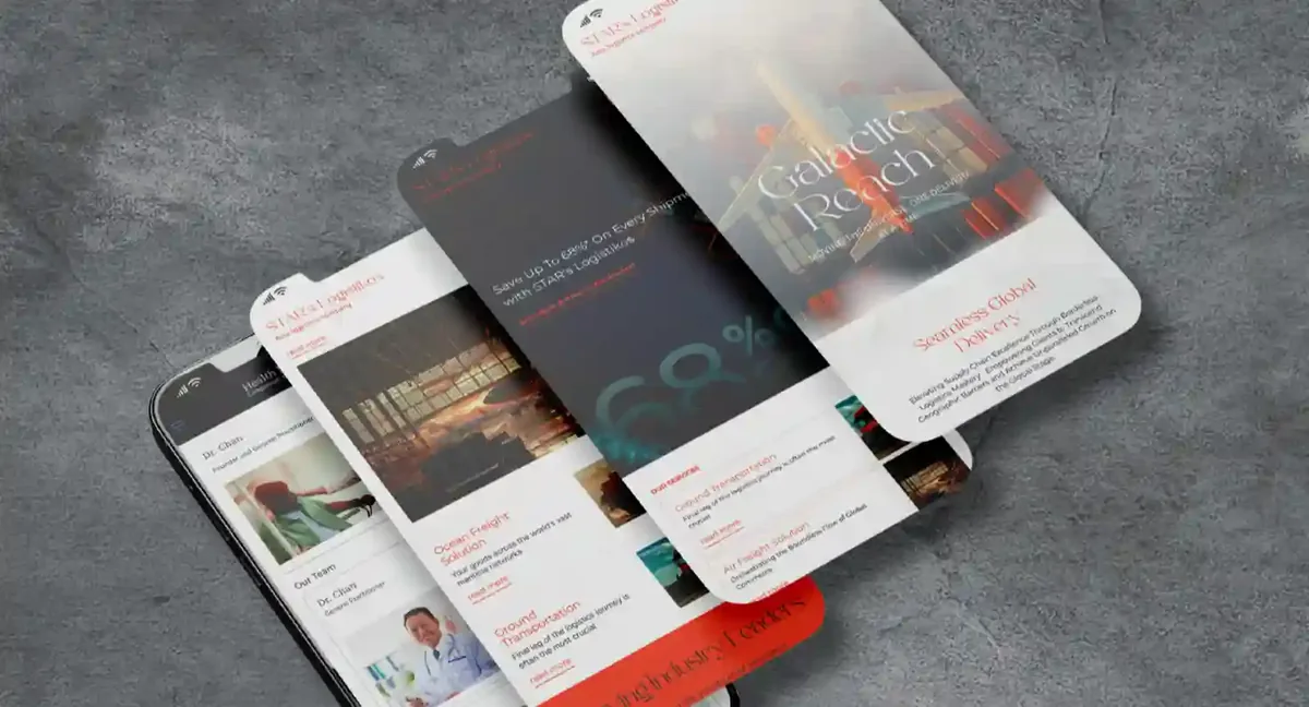 Stacked smartphones display logistics-themed websites. Texts include "Seamless Global Delivery" and "Save up to 60%." Gray textured background.