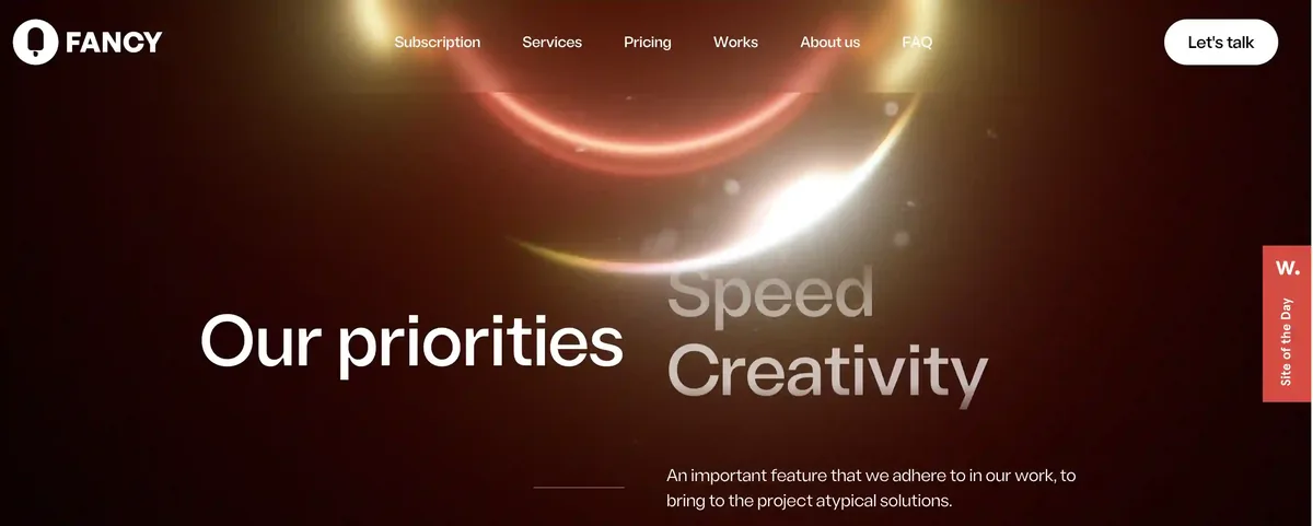 Website with glowing red and yellow rings on a dark background. Text: "FANCY, Our priorities: Speed, Creativity." Menu includes Subscription, Services.