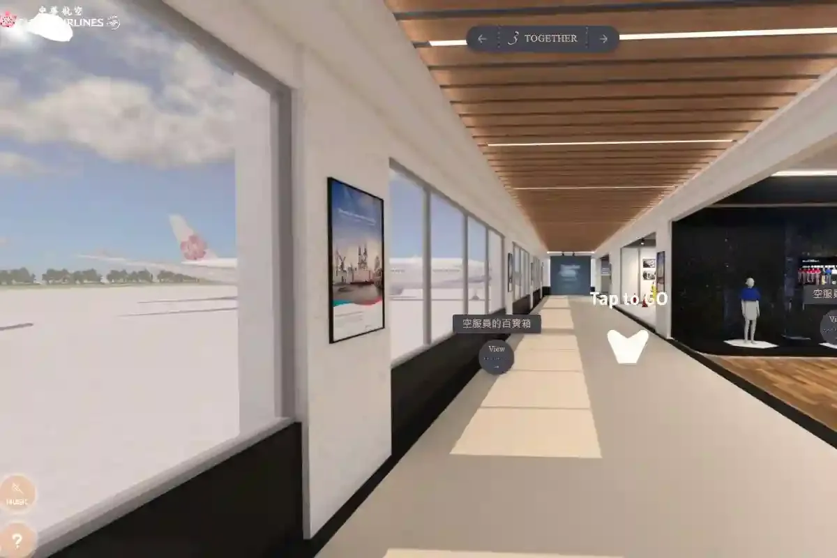 Airport terminal corridor with large windows showing airplanes outside. Posters on walls, mannequins displayed. Text: Tap to Go. Bright and modern.
