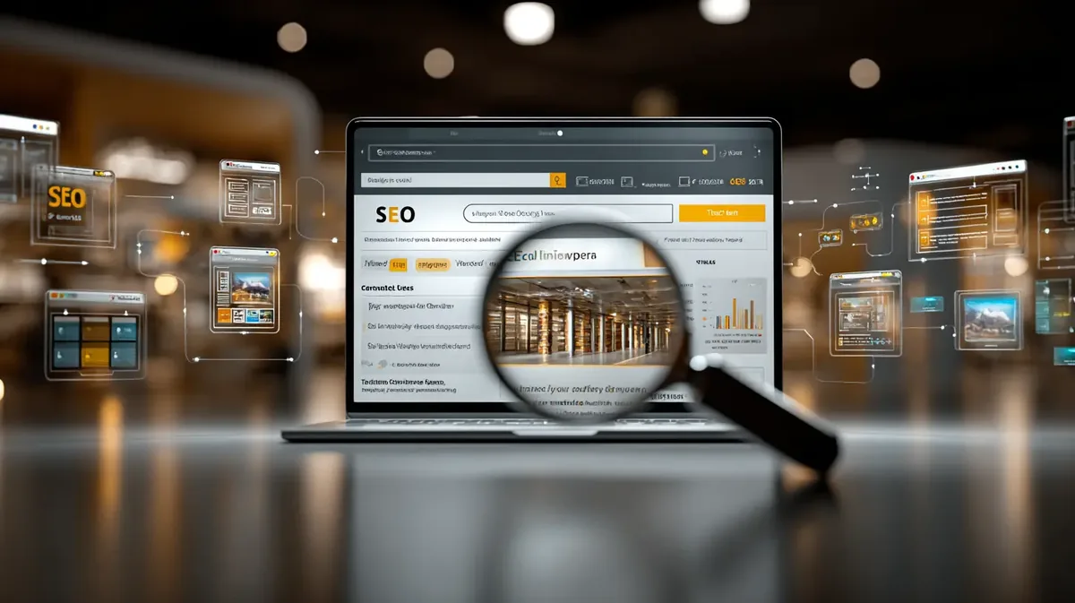 Laptop displaying SEO webpage with charts, surrounded by floating browser windows. Magnifying glass emphasizes details. Dim, tech-focused setting.