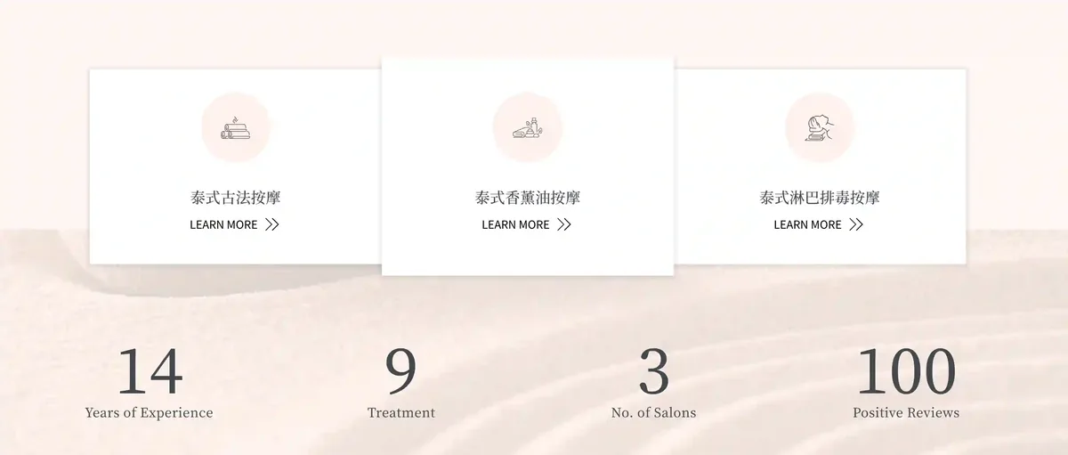 Spa service icons with "Learn More" text, pastel background. Stats below: 14 years, 9 treatments, 3 salons, 100 positive reviews.